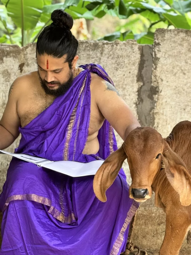 Shri Lakshman Srikanth D, Founder and Life Trustee of Ruju Yogi Foundation, seated in traditional attire beside a calf at the Gaushale