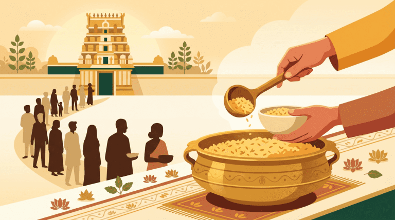 Annadana food donation from brass vessel at Hindu temple with devotees waiting in line