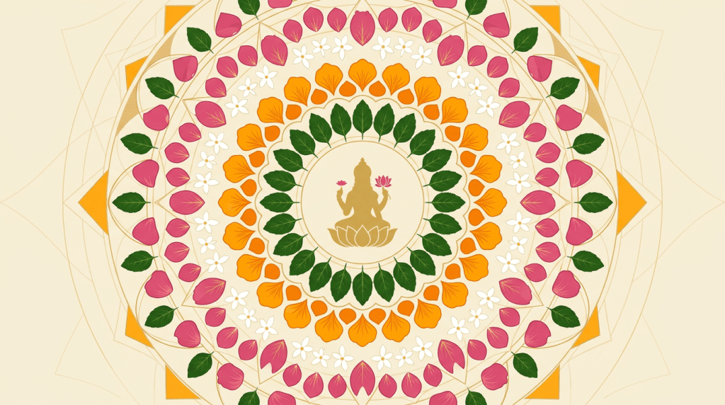 Archana worship with flowers and Tulasi leaves offered at a Hindu temple