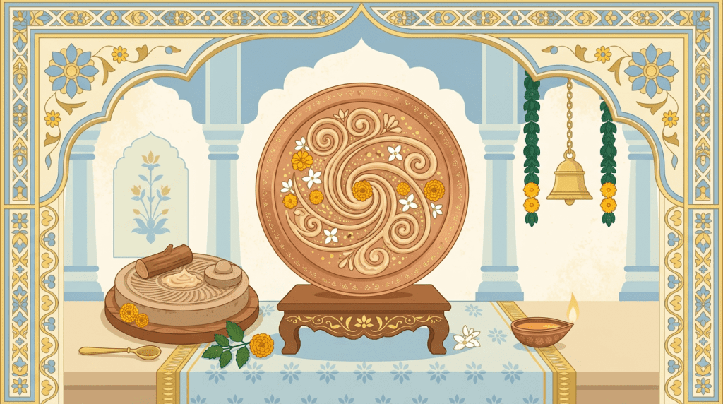 Sandalwood chandana paste with grinding stone used in Hindu temple rituals