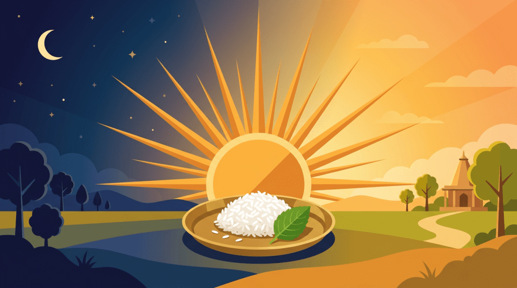 Dwadashi sunrise with rice and Tulasi leaf meal for breaking the Ekadashi fast