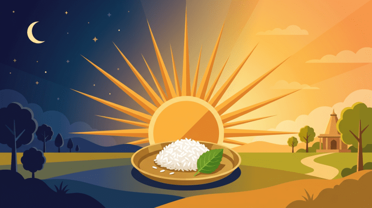 Dwadashi sunrise with rice and Tulasi leaf meal for breaking the Ekadashi fast