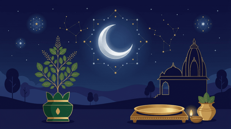 Ekadashi fasting significance with crescent moon, Tulasi plant, and Hindu temple at night