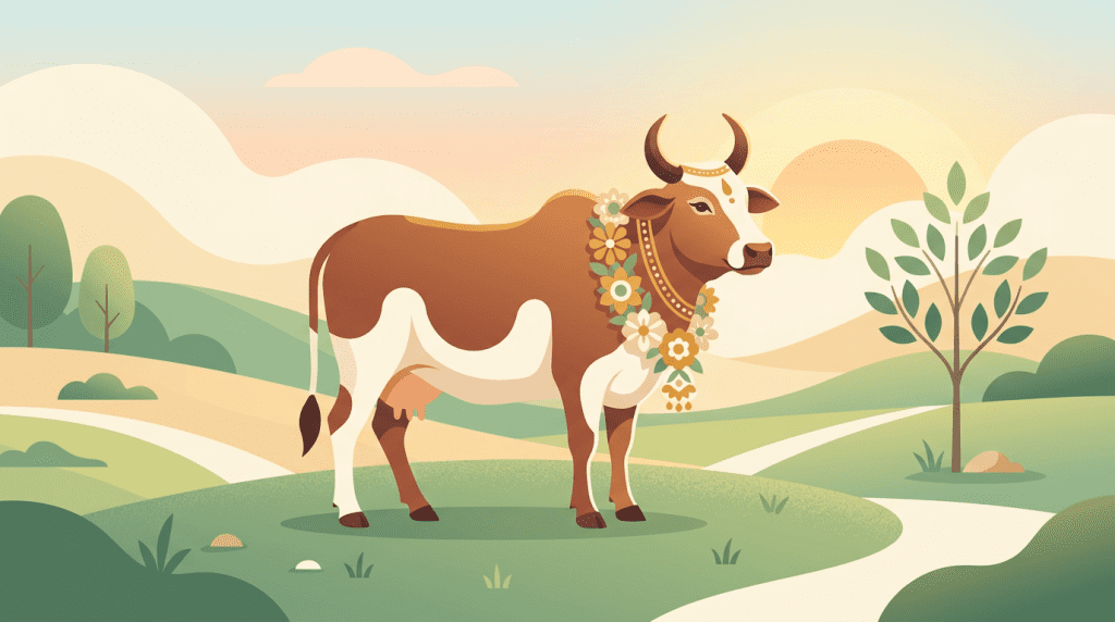 Sacred cow with floral garland in peaceful pastoral setting, Gau Seva in Hinduism
