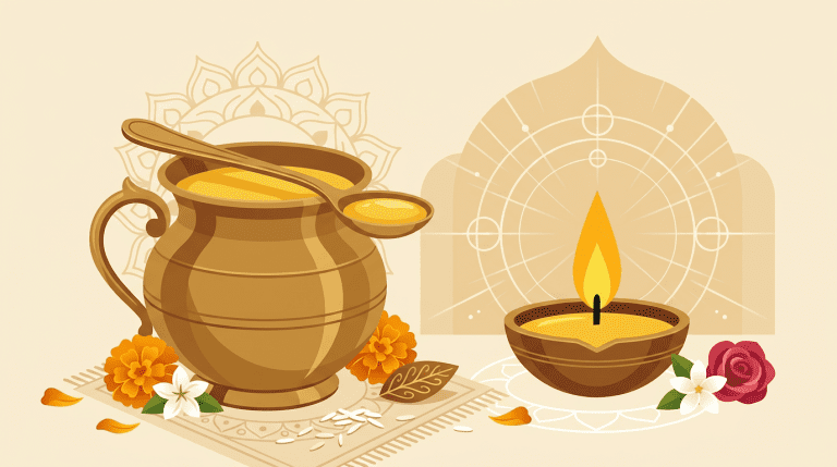 Golden ghee in brass vessel with lit ghee lamp for Hindu rituals and Abhisheka