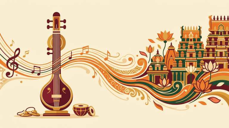 Tambura instrument with musical notes flowing into temple domes, Haridasa devotional tradition