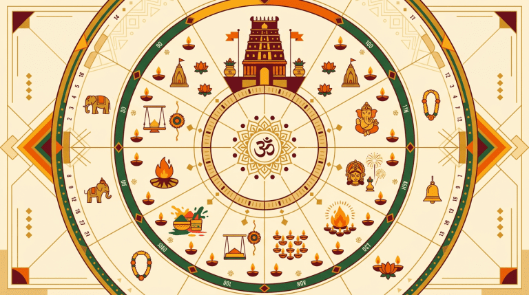 Circular Hindu Vaishnava festival calendar with temple icons marking important dates and sevas