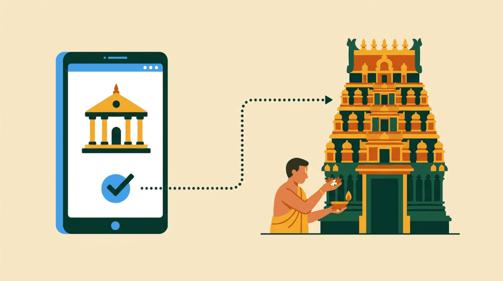Online seva booking on smartphone connected to Hindu temple where priest performs ritual