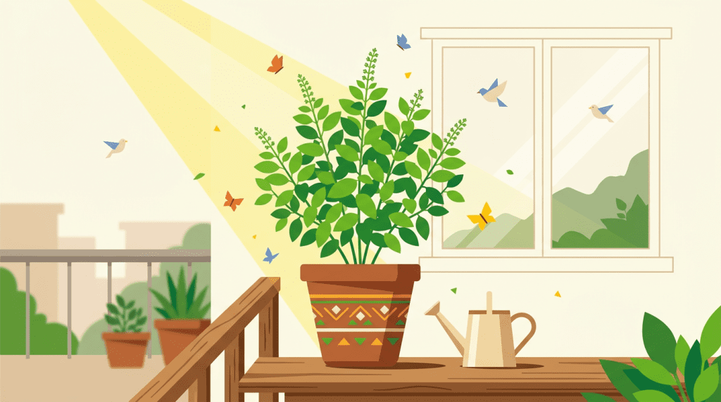 Healthy Tulasi plant in terracotta pot on home balcony with watering can and sunlight