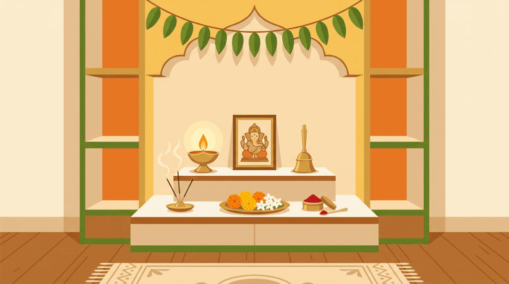 Home pooja room setup with deity frame, oil lamp, bell, incense, and flowers for daily worship