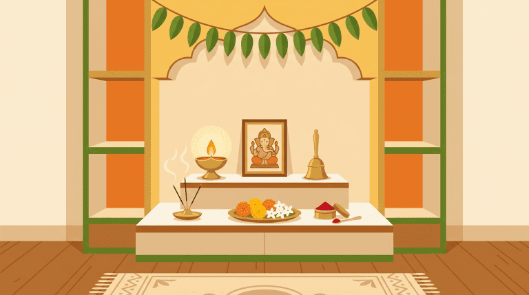Home pooja room setup with deity frame, oil lamp, bell, incense, and flowers for daily worship