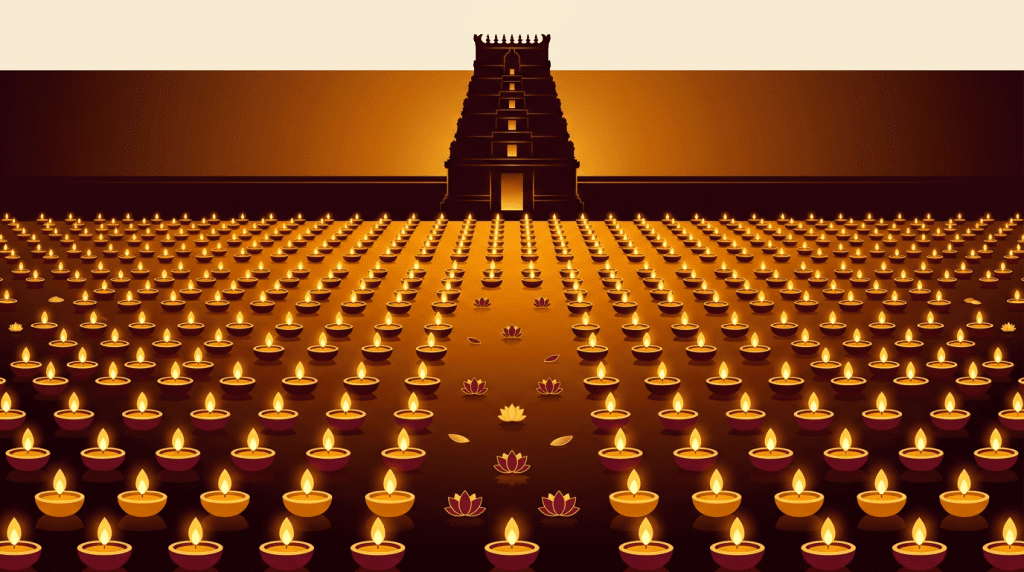 Hundreds of oil lamps lit during Kartika month Deepotsava festival before temple gopuram