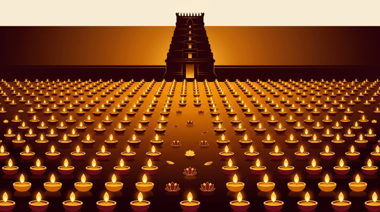 Hundreds of oil lamps lit during Kartika month Deepotsava festival before temple gopuram
