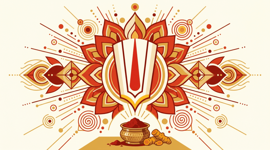 Kumkum vermilion tilaka mark with sacred Vaishnava symbols in Hindu worship