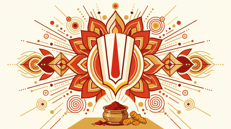 Kumkum vermilion tilaka mark with sacred Vaishnava symbols in Hindu worship