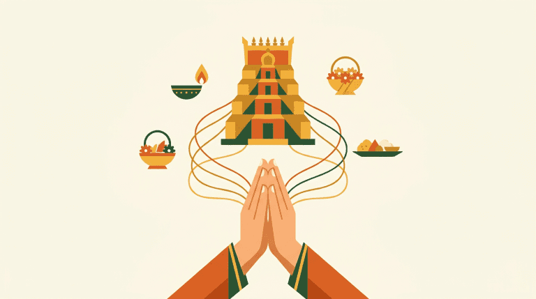 Seva devotional service concept with hands in prayer before a Hindu temple spire