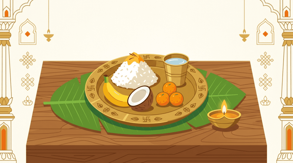 Naivedya food offering on brass plate with banana leaf and temple lamp
