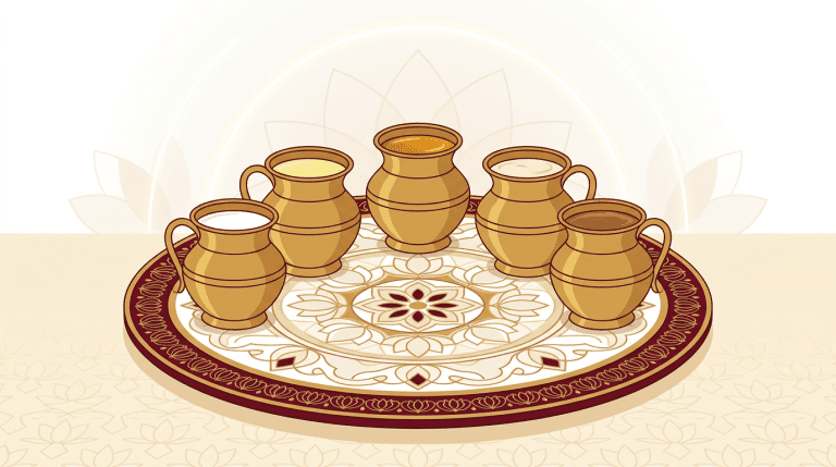 Five brass vessels of Panchamruta sacred nectars used in Hindu Abhisheka ritual