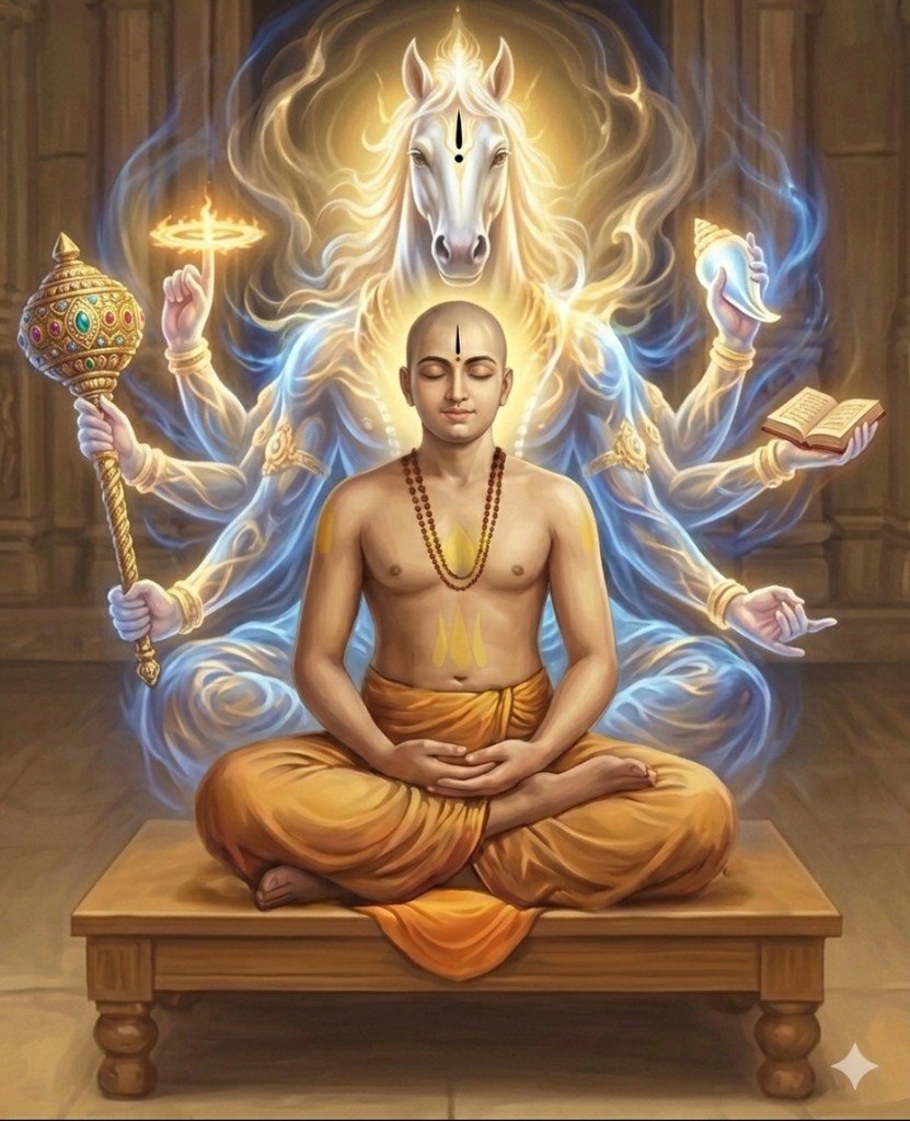 Sri Vadirajaru in meditation with Lord Hayagreeva - scriptural tradition, Ruju Yogi Foundation