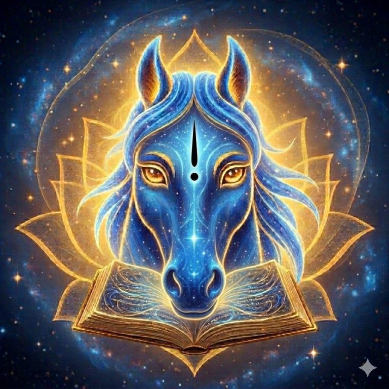 Sri Hayagriva digital art: horse-headed Lord of wisdom and Vedas, golden lotus and sacred book - Anu Vrundavana Akhyana, Sri Vadirajaru Panchavrundavana at Sode.