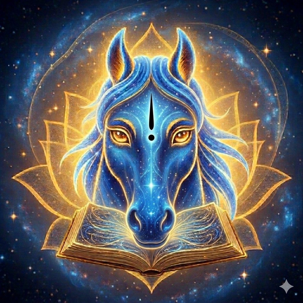 Sri Hayagriva digital art: horse-headed Lord of wisdom and Vedas, golden lotus and sacred book - Anu Vrundavana Akhyana, Sri Vadirajaru Panchavrundavana at Sode.