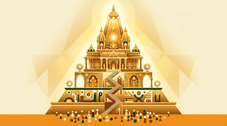 Ascending divine hierarchy of Taratamya in Madhwa theology with temple pinnacle