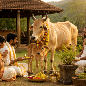 Gau Dana Seva at Ruju Yogi Foundation Gaushala - Desi cow with calf and Vedic puja