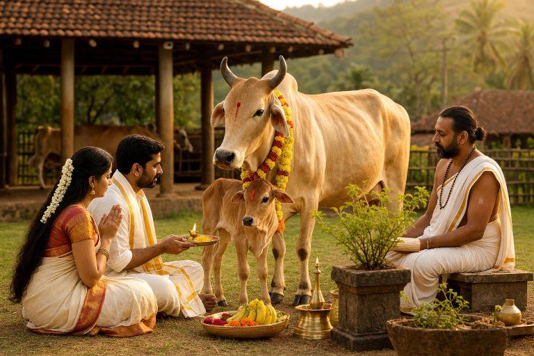 Gau Dana Seva at Ruju Yogi Foundation Gaushala - Desi cow with calf and Vedic puja