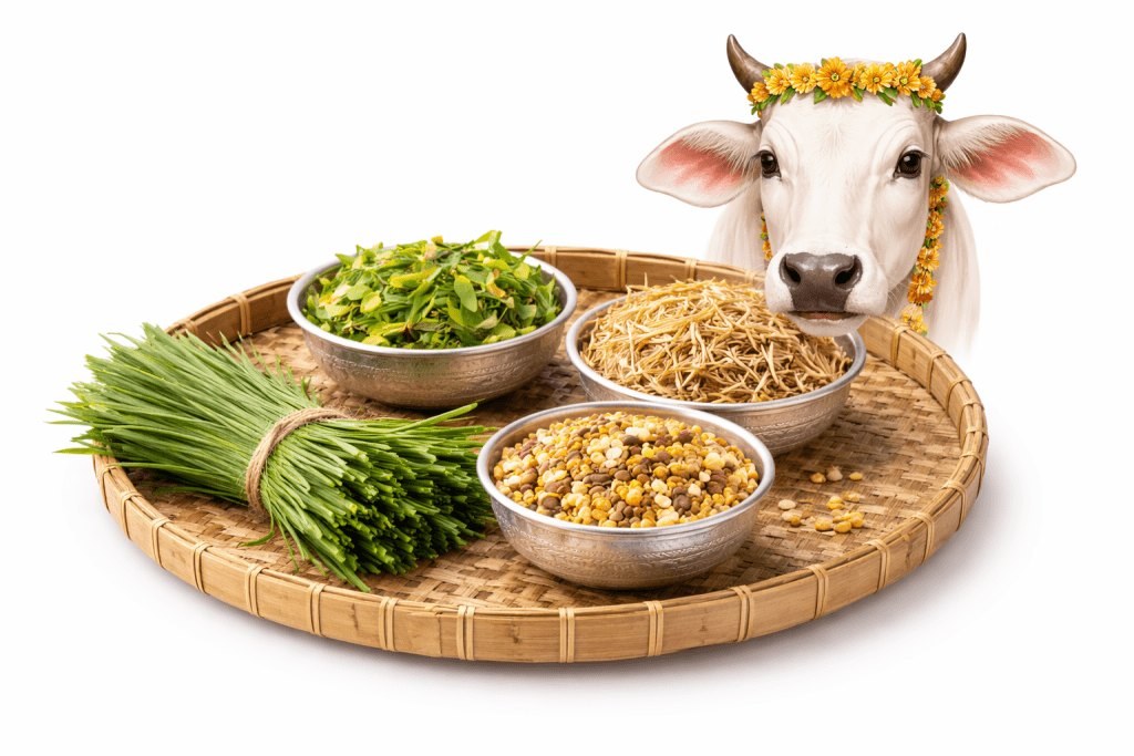 Sacred Gau Grasa offering — fresh grass, grains, and fodder for Gau Mata
